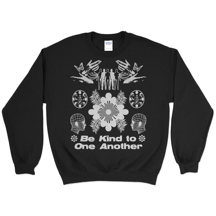 Be Kind To One Another Crewneck Sweatshirt Front by Awake Happy - artist dean montecillo unowneddreams devon meadows unisex mens womens abstract butterfly hand pattern 