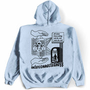Interconnectedness Hoodie Pullover Back by Awake Happy - artist dean montecillo unowneddreams devon meadows unisex mens womens abstract energy hand all comes from nothing exit the void enter the void women faces #color_light-blue