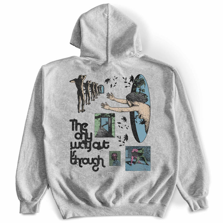 Only Way Out is Through Hoodie Back Pullover by Awake Happy - Design by Dean Montecillo unowneddreams - abstract graphic person reaching leaves doorway style 