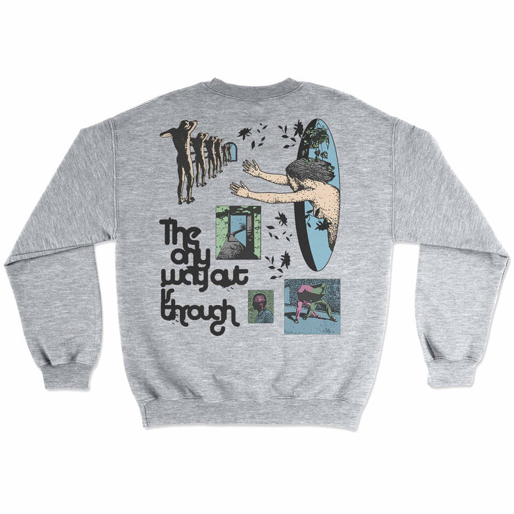 Only Way Out is Through Crewneck Sweatshirt Pullover by Awake Happy - Design by Dean Montecillo unowneddreams - abstract graphic person reaching leaves doorway style back 