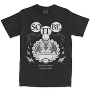 Black t-shirt with white graphic design and text on a white background