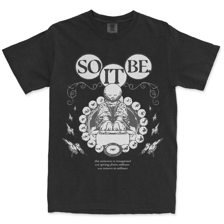 Black t-shirt with white graphic design and text on a white background