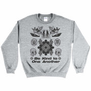 Be Kind To One Another Crewneck Sweatshirt Front by Awake Happy - artist dean montecillo unowneddreams devon meadows unisex mens womens abstract butterfly hand pattern #color_sport-grey