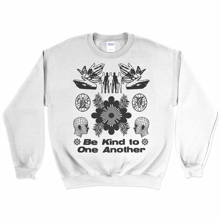Be Kind To One Another Crewneck Sweatshirt Front by Awake Happy - artist dean montecillo unowneddreams devon meadows unisex mens womens abstract butterfly hand pattern 