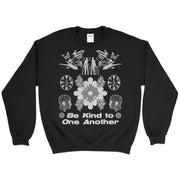 Be Kind To One Another Crewneck Sweatshirt Front by Awake Happy - artist dean montecillo unowneddreams devon meadows unisex mens womens abstract butterfly hand pattern #color_black
