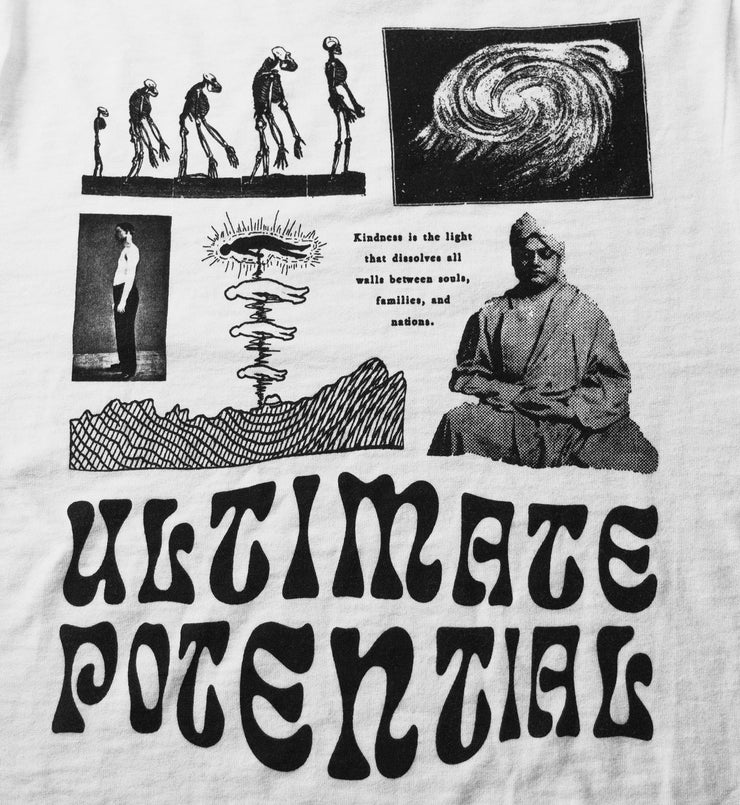 Ultimate Potential White T-shirt Closeup by Awake Happy - Design by Devon Meadows - Graphic shows throwback vintage collage style swami vivekananda evolution mountain man standing energy