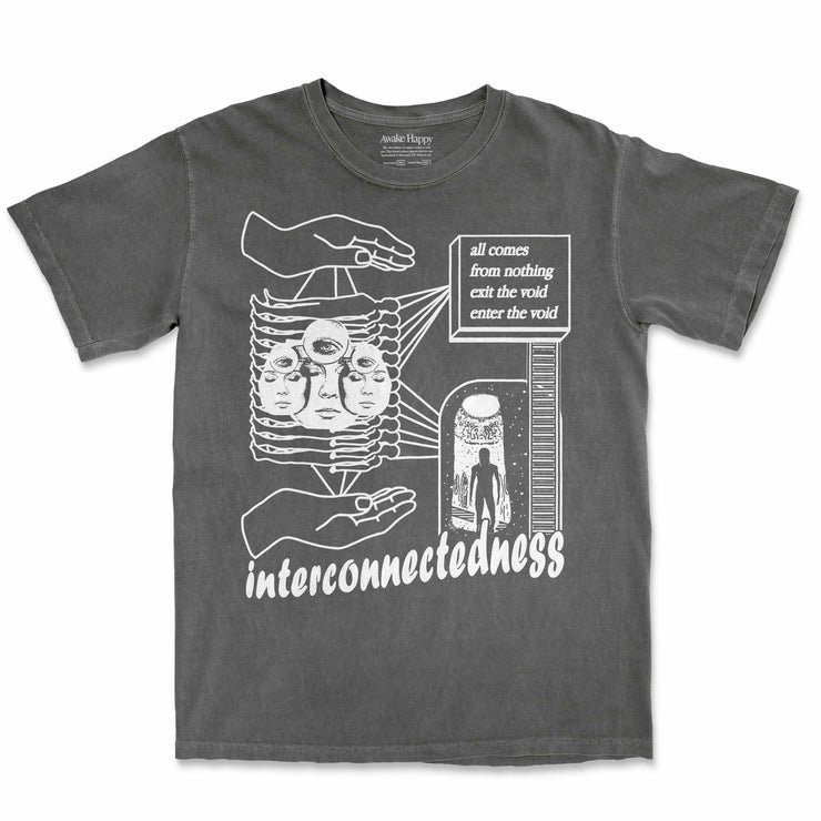 Interconnectedness Washed Dark Grey Limited Run T-shirt Front by Awake Happy - artist dean montecillo unowneddreams devon meadows unisex mens womens abstract energy hand all comes from nothing exit the void enter the void women faces 