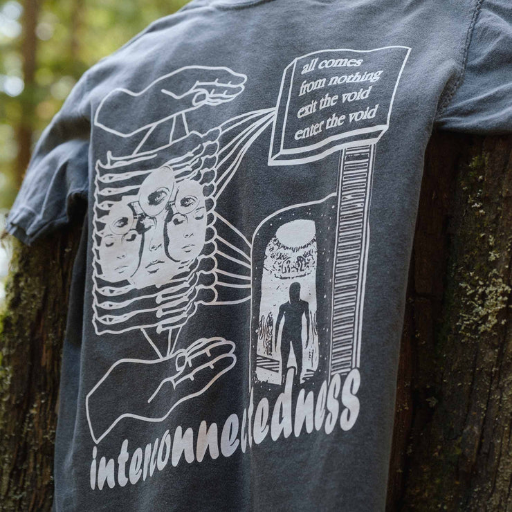 Interconnectedness Washed Dark Grey Limited Run T-shirt Front by Awake Happy - artist dean montecillo unowneddreams devon meadows unisex mens womens abstract energy hand all comes from nothing exit the void enter the void women faces hanging on tree