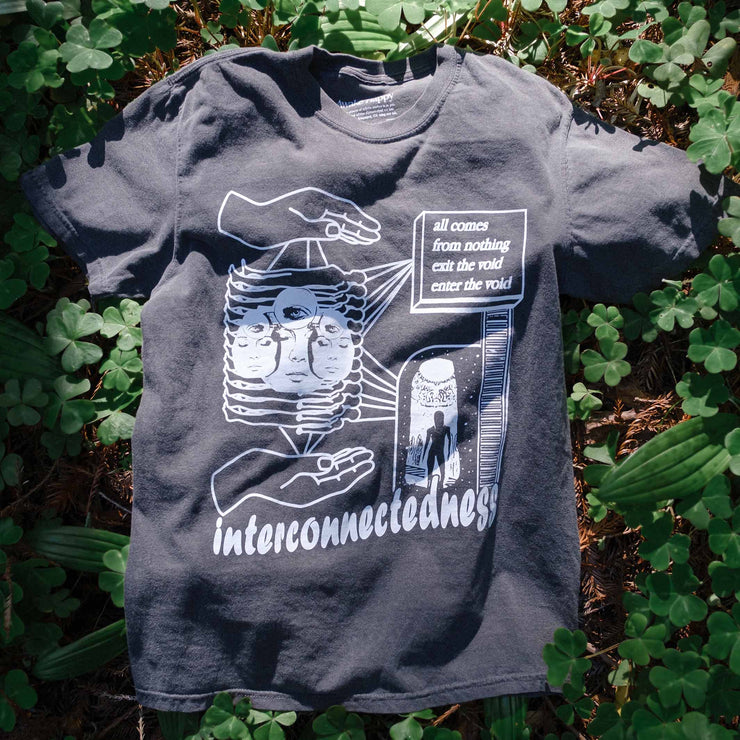 Interconnectedness Washed Dark Grey Limited Run T-shirt Front by Awake Happy - artist dean montecillo unowneddreams devon meadows unisex mens womens abstract energy hand all comes from nothing exit the void enter the void women faces laying on forest floor
