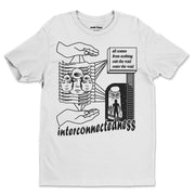Interconnectedness T-shirt Front by Awake Happy - artist dean montecillo unowneddreams devon meadows unisex mens womens abstract energy hand all comes from nothing exit the void enter the void women faces #style_everyday-eco-tee