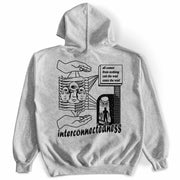 Interconnectedness Hoodie Pullover Back by Awake Happy - artist dean montecillo unowneddreams devon meadows unisex mens womens abstract energy hand all comes from nothing exit the void enter the void women faces #color_sport-grey