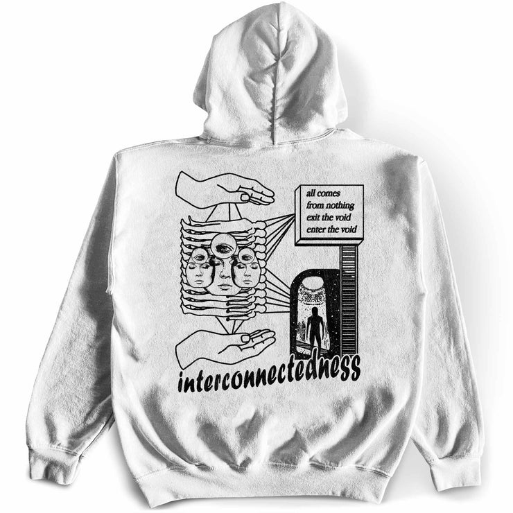 Interconnectedness Hoodie Pullover Back by Awake Happy - artist dean montecillo unowneddreams devon meadows unisex mens womens abstract energy hand all comes from nothing exit the void enter the void women faces 
