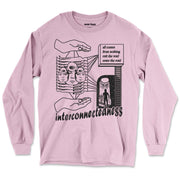 Interconnectedness Long Sleeve Shirt Front by Awake Happy - artist dean montecillo unowneddreams devon meadows unisex mens womens abstract energy hand all comes from nothing exit the void enter the void women faces #color_light-pink