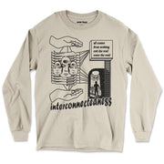 Interconnectedness Long Sleeve Shirt Front by Awake Happy - artist dean montecillo unowneddreams devon meadows unisex mens womens abstract energy hand all comes from nothing exit the void enter the void women faces #color_sand