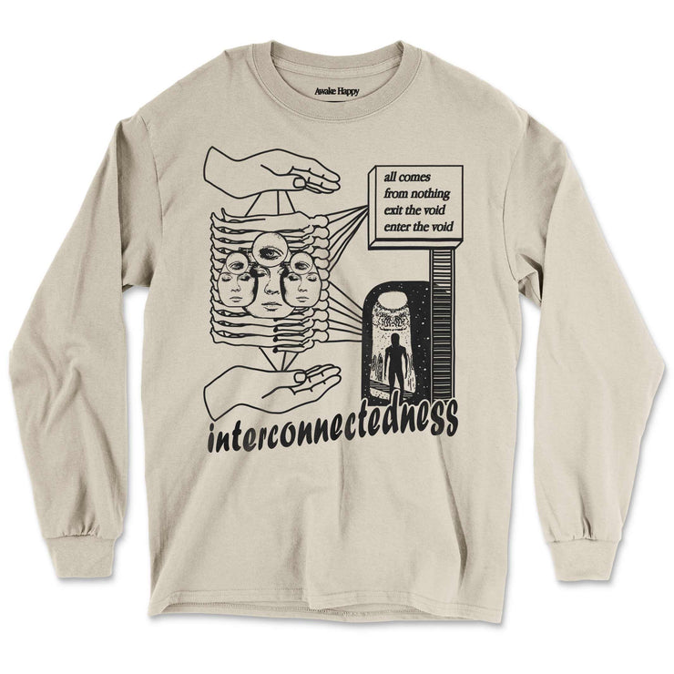 Interconnectedness Long Sleeve Shirt Front by Awake Happy - artist dean montecillo unowneddreams devon meadows unisex mens womens abstract energy hand all comes from nothing exit the void enter the void women faces 