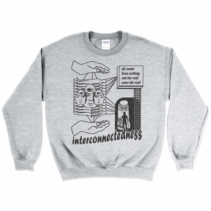 Interconnectedness Crewneck Sweatshirt Front by Awake Happy - artist dean montecillo unowneddreams devon meadows unisex mens womens abstract energy hand all comes from nothing exit the void enter the void women faces 