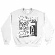 Interconnectedness Crewneck Sweatshirt Front by Awake Happy - artist dean montecillo unowneddreams devon meadows unisex mens womens abstract energy hand all comes from nothing exit the void enter the void women faces #color_white