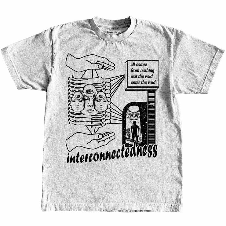 Interconnectedness T-shirt Front by Awake Happy - artist dean montecillo unowneddreams devon meadows unisex mens womens abstract energy hand all comes from nothing exit the void enter the void women faces 