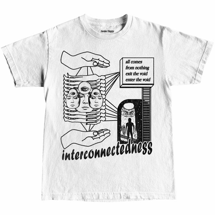 Interconnectedness T-shirt Front by Awake Happy - artist dean montecillo unowneddreams devon meadows unisex mens womens abstract energy hand all comes from nothing exit the void enter the void women faces 