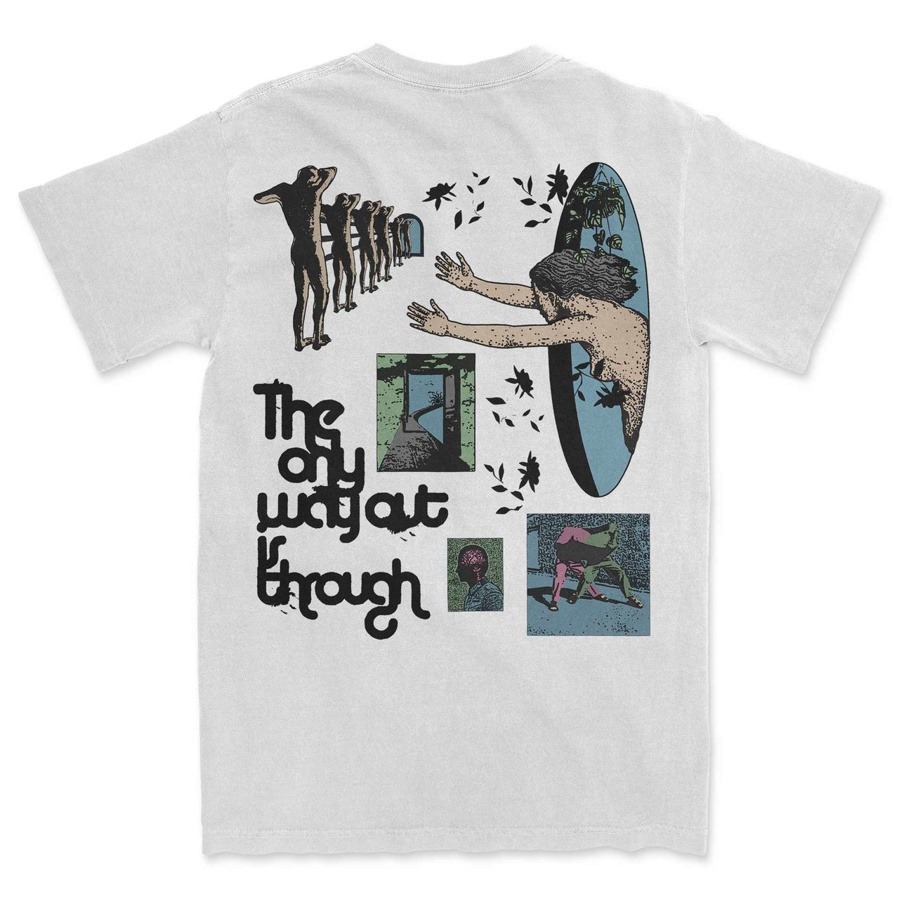 Only Way Out is Through T-shirt Back Heavy by Awake Happy - Design by Dean Montecillo unowneddreams - abstract graphic person reaching leaves doorway style #style_classic-heavy-tee