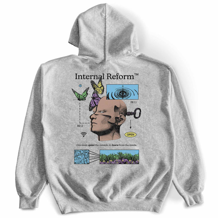 Internal Reform Hoodie Back by awake happy connor tomates graphic butterflys person one must quiet the outside to learn from the inside water droplet puzzle face - 